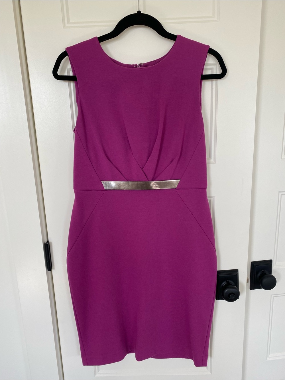 Calvin Klein Sleeveless Fuchsia Sheath Dress with Metallic Waist Detail